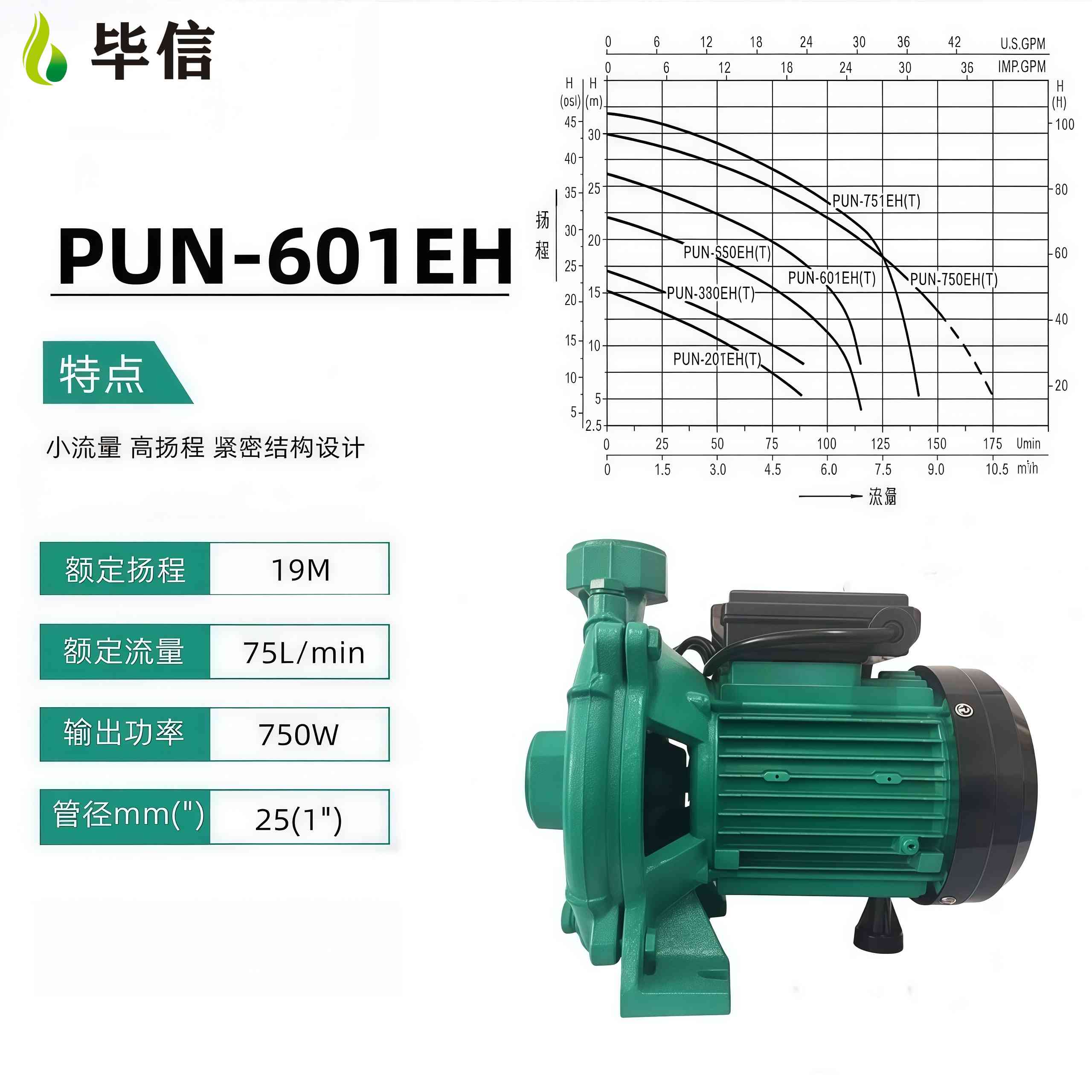 毕信PUN-601EH中型商用循环水泵适配5匹空气能